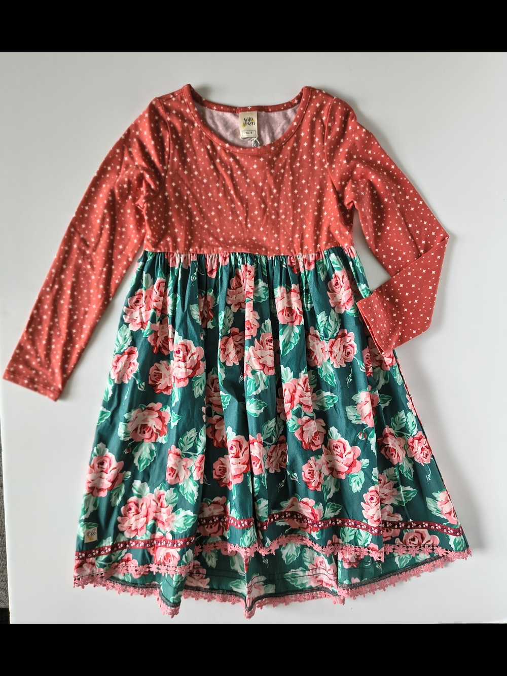 New Wild Flowers Girls  A-Line Long Sleeve Floral Round Neck Lace Dress • SZ 8